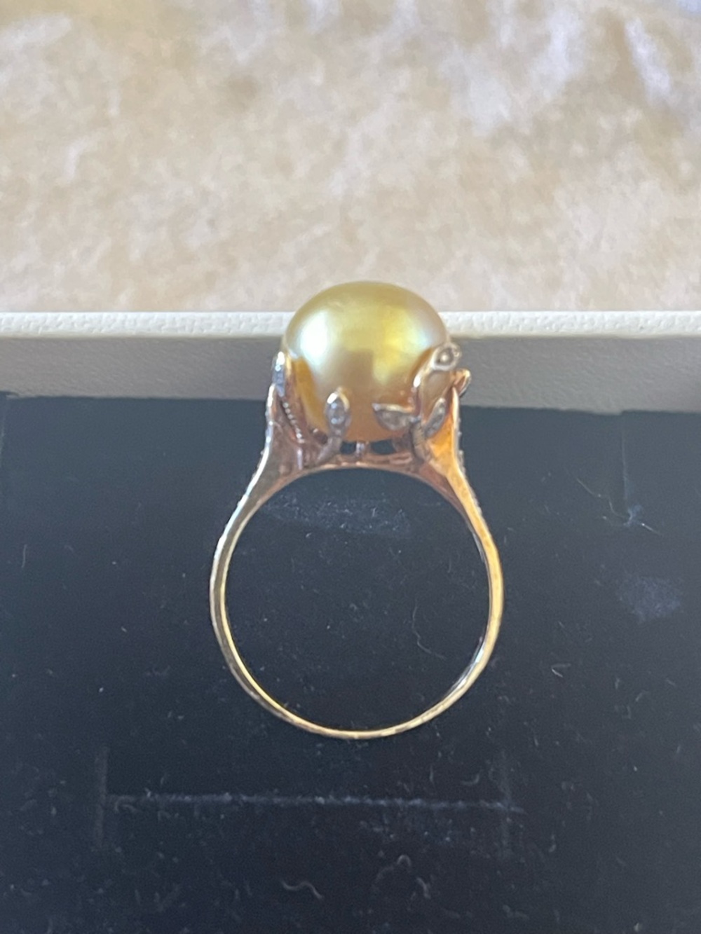 14k Solid Gold South Sea Pearl Cocktail Ring with tiny diamonds.